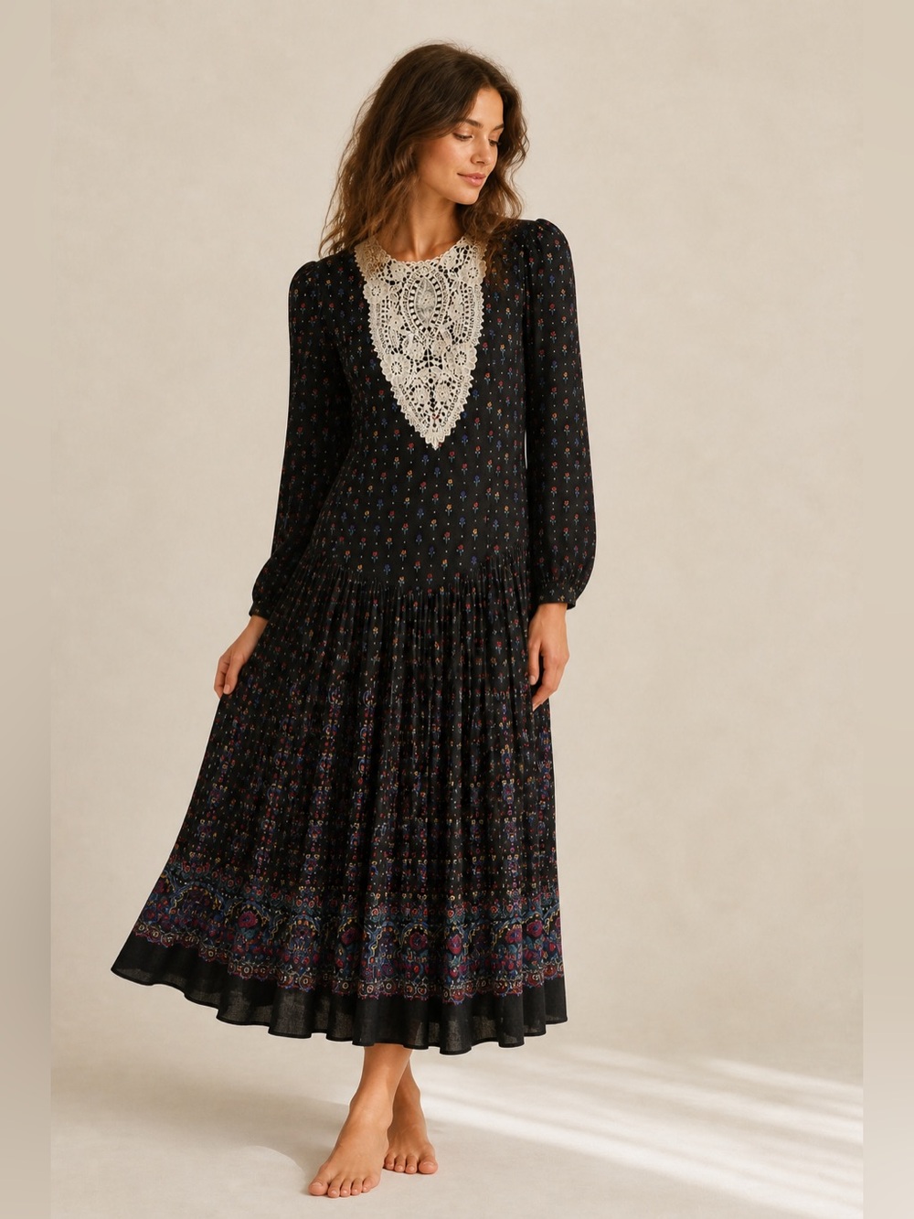 Vintage Gunne Sax Prairie Midi Dress Crochet Bib Floral Black Cottagcore SM*